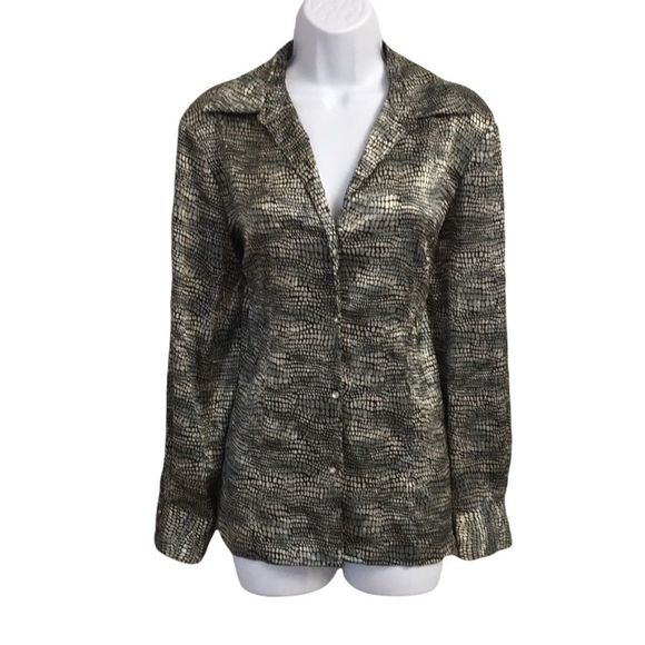 Notations Tops - Crushed Satin Lizard Skin print button down shirt black and gray size medium